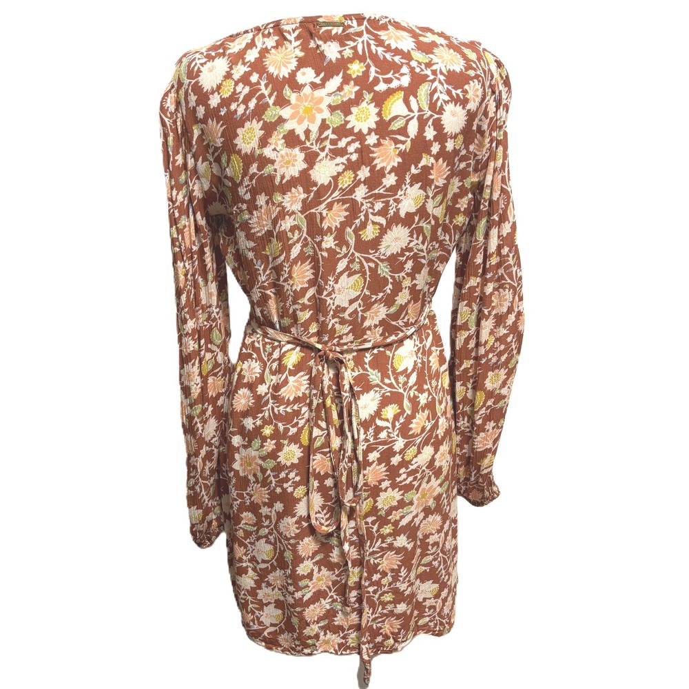 Billabong Wrap Dress Red Clay Crinkle Floral Blouson Sleeve Boho Cottage Party M - Picture 5 of 12